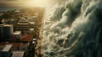 tsunami ola choques dentro costero ciudad inundación foto