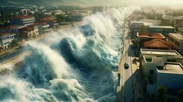 tsunami ola choques dentro costero pueblo inundación foto