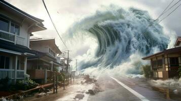 tsunami wave crashes into coastal village destroy photo