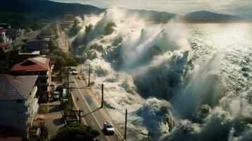 tsunami wave crashes into coastal town flooding photo