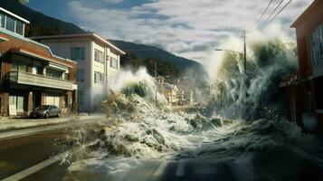 tsunami wave crashes into coastal town flooding photo