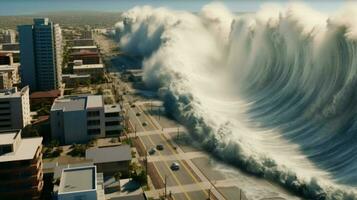 tsunami wave crashes into coastal town flooding photo