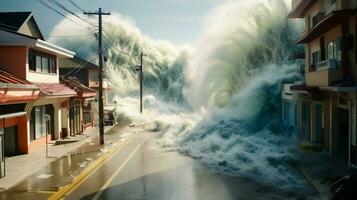 tsunami wave crashes into coastal town flooding photo
