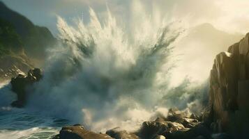 tsunami wave crashes into rocky cliff with spray photo