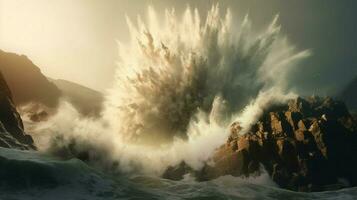 tsunami ola choques dentro rocoso acantilado con rociar foto