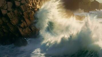 tsunami wave crashes into rocky cliff with spray photo