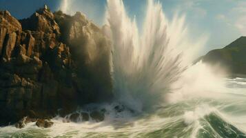 tsunami wave crashes into rocky cliff with spray photo