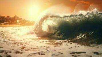 tsunami wave crashing into deserted beach photo