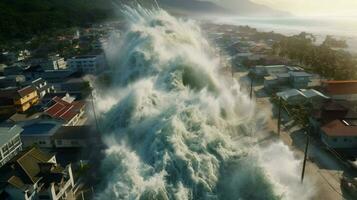 tsunami wave crashes into coastal village destroy photo