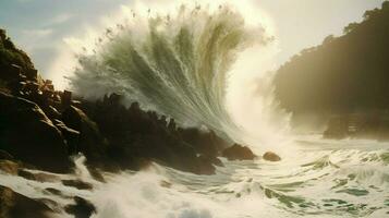 tsunami wave crashes into rocky cliff with spray photo