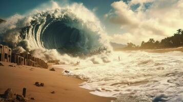 tsunami wave crashing into deserted beach photo