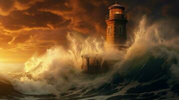 tsunami wave hitting historic lighthouse photo