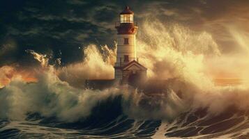tsunami wave hitting historic lighthouse photo