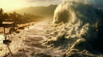 tsunami wave rolls onto shore bringing photo