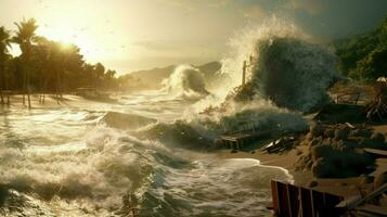 tsunami wave rolls onto shore bringing photo