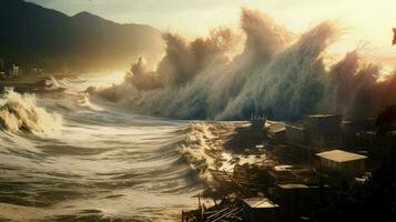 tsunami ola rollos sobre apuntalar trayendo foto