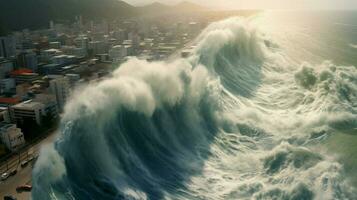 tsunami wave rolls toward shoreline battering photo