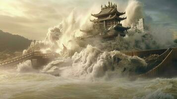 tsunami wave rushes past ruined temple and destro photo