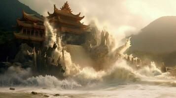 tsunami wave rushes past ruined temple and destro photo