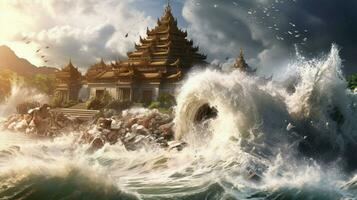 tsunami wave rushes past ruined temple and destro photo