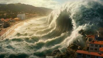 tsunami wave rolls toward shoreline battering the photo