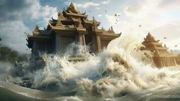 tsunami wave rushes past ruined temple and destro photo