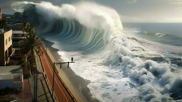 tsunami waves crash against tall seawall protecti photo