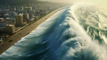 tsunami waves crash against tall seawall protecti photo