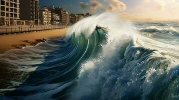 tsunami waves crash against tall seawall protecti photo