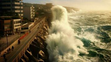 tsunami waves crash against tall seawall protecti photo