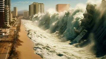 tsunami waves crash against tall seawall protecti photo