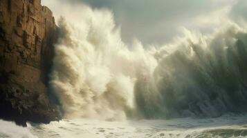 tsunami waves crash against towering cliff sendin photo