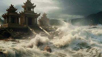 tsunami wave rushes past ruined temple and destro photo