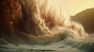 tsunami waves crash against towering cliff sendin photo