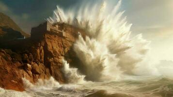 tsunami waves crash against towering cliff sendin photo