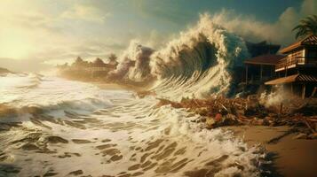 tsunami waves crash onto beach bringing with them photo