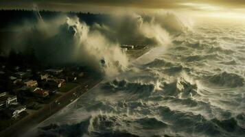 tsunami waves crash onto shore and breach coastal photo