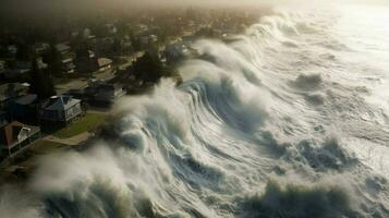 tsunami waves crash onto shore and breach coastal photo