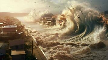 tsunami waves crash onto shore and breach coastal photo