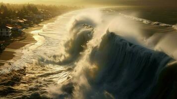 tsunami waves crash onto shore and breach coastal photo