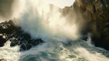 tsunami waves crashing against coastal cliff with photo