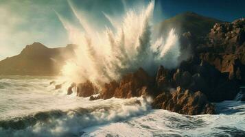 tsunami waves crashing against coastal cliff with photo