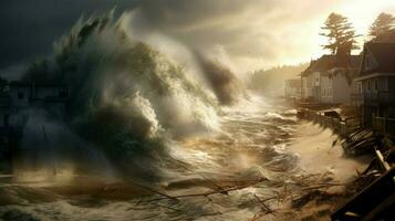 tsunami waves crash onto shore and breach coastal photo