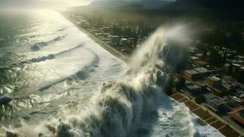 tsunami waves crash onto shore and breach coastal photo