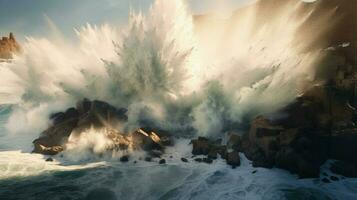 tsunami waves crashing against coastal cliff with photo