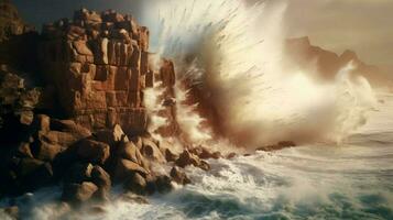 tsunami waves crashing against coastal cliff with photo