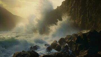 tsunami waves crashing against rocky cliff with s photo