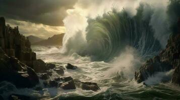 tsunami waves crashing against rocky shoreline photo