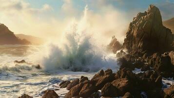 tsunami waves crashing against rocky shoreline photo