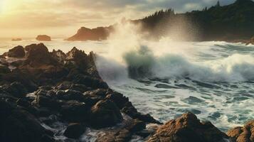 tsunami waves crashing against rocky shoreline photo